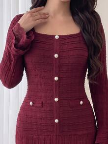 Feyla Plus Size Women's Lace Patchwork Elegant Waist-Cinching Party Dress - Burgundy - View 3