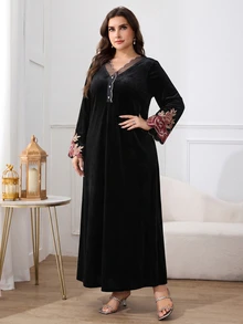 Al Najma Plus Size Women's Floral Print Casual Party Arabian Dress - Black - View 6