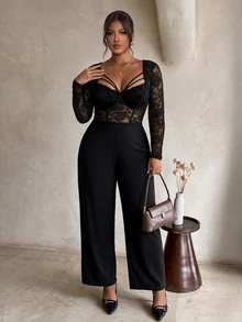 Firerie Plus Size Women's Lace Patchwork Sexy Elegant Everyday Party Cocktail Jumpsuit Halloween Black Jumpsuit For Women Fall/Winter Christmas & New Year - Black - View 5