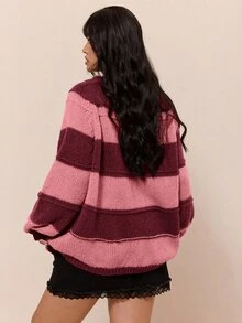 CovetEZ 秋冬萬聖節酒紅色拼色條紋休閒大尺碼套頭毛衣 度假居家穿著 1920年代傳統風 - 粉色 - 查看 2