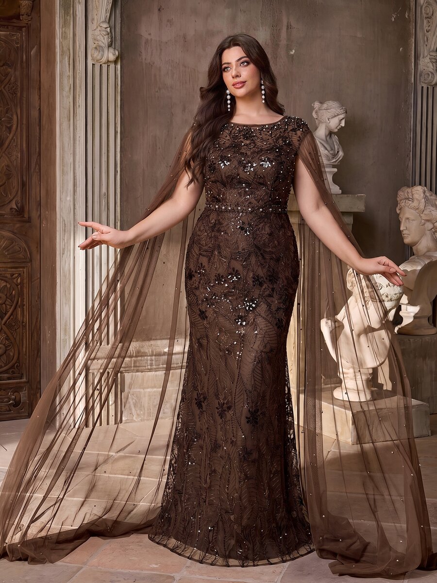 Aureia Plus Size Elegant Romantic Brown Luxury Boat Neckline Sequin Sequins Sequins Embellished Mesh Sleeve Mermaid Hem Heavy Work Evening Gown - Brown - View 1
