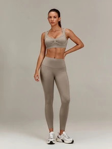 GLOWMODE Seamless Summer Glow Racerback Sports Bra With Mock 2-In-1 Push-Up Design & Removable Cups Low Impact Yoga Pilates Studio Active Wear - Khaki - View 9