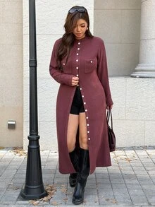 Easura Plus Size Half-High Neck Open Chest Pocket Button Design Sweater Long Sleeve Mid-Length Cardigan Comfortable Elegant Commute - Brown - View 6