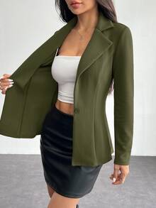 SHEIN PETITE 女款翻領單扣西裝外套，秋季/冬季辦公穿搭，適合嬌小身材女性 - 軍綠色 - 查看 8