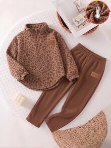 Young Girls Pink Leopard Print Half-Zip Stand Collar Sweatshirt Set With Curved Hem And Elastic Cuffs, Sweet Casual Style - Multicolor - View 3