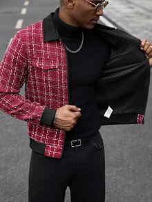 Manfinity CasualCool 男士休閒格紋拉鍊夾克，適合日常外出與朋友聚會，送給男友或丈夫的理想禮物，秋季風格，聖誕老錢風 - 彩色 - 查看 8