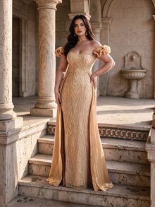 Coutiva Off-Shoulder Sweetheart Neckline Heavy Beaded Embroidery 3D Floral Decor Fitted Mermaid Side Slit Patchwork Train Long Dress - Dusty Pink - View 3