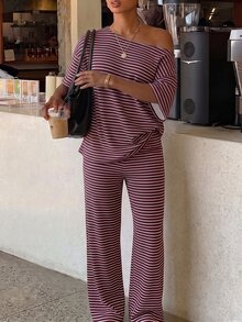Siren Gaze Women's Striped One-Shoulder Top And Loose Pants Set - Burgundy - View 4
