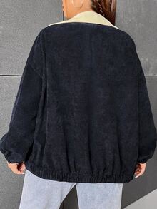 SHEIN EZwear جاكيت مقاس كبير بتصميم كتل لونية مع سحاب، جاكيت كتل لونية خريف/شتاء للنساء، جاكيت مخمل، جاكيت قصير، جاكيت Y2k - عنابي اللون - مشاهدة 2