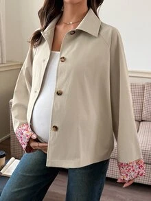 DAZY Patchwork Fabric Loose Lapel Casual Streetwear Korean Style Vacation Autumn/Winter Maternity Regular Jacket - Khaki - View 3
