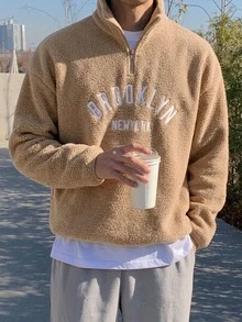 DAZY 秋冬款卡其色字母印花拉鍊立領抓絨套頭衛衣男士連帽衫 - 卡其色 - 查看 4