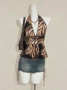 SHEIN ICON Y2K 女款波希米亞風動物印花性感夜店深V領百褶掛脖背心上衣 - 彩色 - 查看 4
