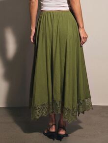 COSMINA Women's Solid Color Contrast Lace Asymmetrical Hem Elegant Midi Skirt Lace-Trimmed Long Skirt Fall Clothes Christmas Skirt Green Skirt - Dark Green - View 2