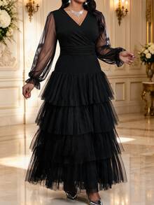 Fleurora Plus Size Autumn Elegant Solid Color Mesh Patchwork Tiered Dress - Black - View 4