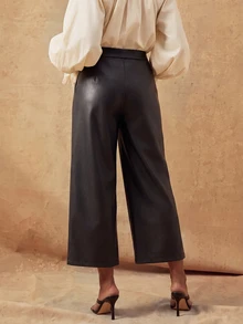 SHEIN Lunessa Women's Black Designer PU Leather Pants - Black - View 2
