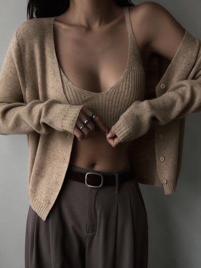 DAZY Solid Color Slim Fit Cropped Deep V-Neck Camisole & Loose Long Sleeve Cardigan Casual Vacation Daily Korean Street Style Autumn/Winter Knit Sweater 2 Pieces Set For Women
