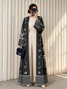 Al Najma 奶油白藍綠花卉印花女款阿巴亞，秋冬時尚開襟寬袖喇叭袖直筒長袍，適合日常街頭穿搭、晚宴派對、聚會穿著 - 彩色 - 查看 4
