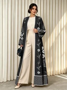 Al Najma 奶油白藍綠花卉印花女款阿巴亞，秋冬時尚開襟寬袖喇叭袖直筒長袍，適合日常街頭穿搭、晚宴派對、聚會穿著 - 彩色 - 查看 5