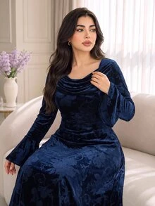 Modelyn Plus Size Women's Cowl Neck Floral Print Casual Party Dress - Navy Blue - View 4