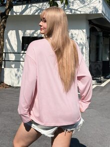 SHEIN EZwear 大尺碼女款純色圓領寬鬆長袖休閒T恤，春夏秋季 - 粉色 - 查看 2