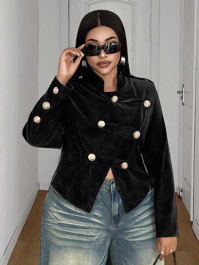 Maweii Plus Size Women's Military Style Short Jacket, Stand Collar Double-Breasted Decorative Short Top, Vintage Leather Long Sleeve Napoleon Style Outerwear Jacket