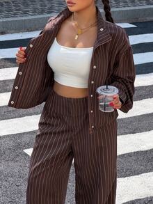 Muchica Plus Size Women's Striped Long Sleeve Top And Pants Casual Daily 2 Pieces Set - Brown - View 4