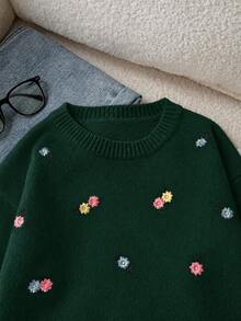 SHEIN 白色秋季返校可愛南瓜提花針織套頭毛衣，百搭刺繡大童女孩針織衫，大童女孩服飾 - 墨綠色 - 查看 6