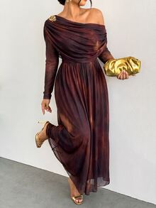 Firerie 大尺碼女款紮染不對稱肩褶皺長袖時尚優雅洋裝 秋冬優雅派對洋裝 - 彩色 - 查看 6