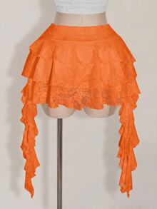 SHEIN ICON 大尺碼女款白色蕾絲荷葉邊迷你裙附內褲，波希米亞牛仔商務休閒風，適合夏季度假、音樂節與演唱會 - 橘色 - 查看 2