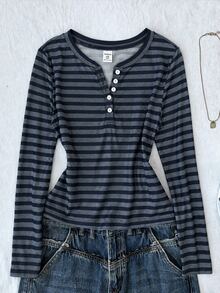 Tween Girl Versatile Striped Button Half-Placket Long Sleeve T-Shirt, Suitable For Daily Wear And School - White - View 4