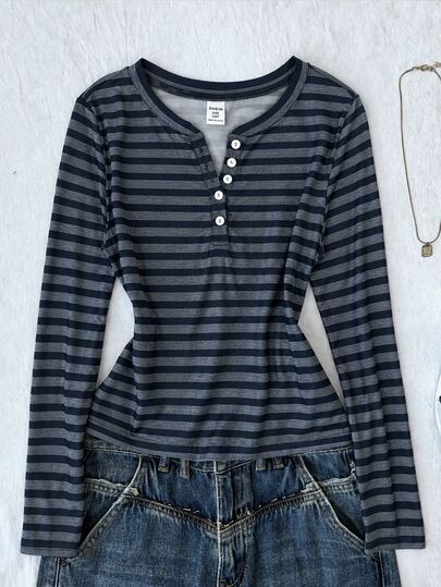 Tween Girl Versatile Striped Button Half-Placket Long Sleeve T-Shirt, Suitable For Daily Wear And School