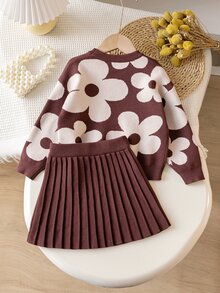 SHEIN Vintaside Kids 4-7歲女童緹花花卉長袖針織上衣與彩虹白色波浪下擺百褶裙2件套，嬰兒公主風，適合外出、派對、秋季 - 棕色 - 查看 2