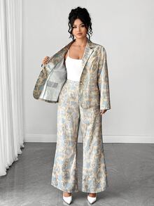 Elenzga Autumn Plus Size New European & American Style Faux Print Pattern Blazer Slim Fit Long Sleeve Jacket & Flared Long Pants 2 Pieces Set Green Print Pattern Suitable For Commuting, Daily, Office And Multiple Occasions - Green - View 7