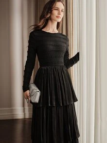 Anewsta French Style 3D Ruffled Shirred Long Sleeve Triple Layer Glossy Shirred Full Skirt Black Dress - Black - View 7