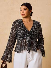 SHEIN VCAY Plus Size Women Polka Dot Ruffle Collar Front Tie Bell Sleeve Fashion Top - Black - View 6
