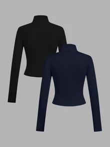 SHEIN EZwear 2件裝黑白配色針織拉鍊長袖女款T恤 - 彩色 - 查看 2