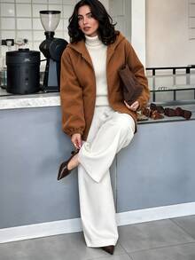 Easura Women's Plus Size Vintage Casual Hooded Zip-Up Short Loose Versatile Commute Jacket, Autumn/Winter - Brown - View 4