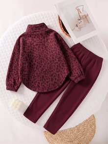 Young Girls Pink Leopard Print Half-Zip Stand Collar Sweatshirt Set With Curved Hem And Elastic Cuffs, Sweet Casual Style - Multicolor - View 2