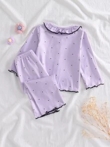2pcs Baby Girl Comfortable Soft Purple Polka Dot Cherry Pattern Round Neck Ruffle Trim Button Front Long Sleeve Pants Flame Retardant Pajama Set - Mauve Purple - View 2