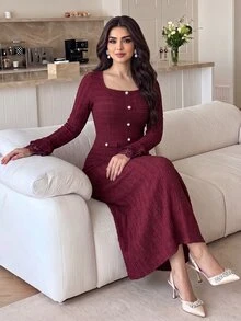 Feyla Plus Size Women's Lace Patchwork Elegant Waist-Cinching Party Dress - Burgundy - View 5