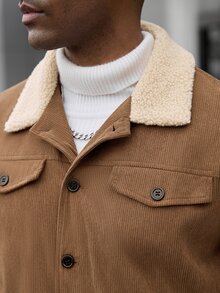 Manfinity CasualCool 男士棕色燈芯絨毛領經典百搭秋冬休閒夾克，適合通勤、商務、居家、戶外及日常穿著 - 棕色 - 查看 3