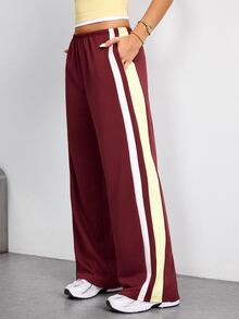 SHEIN Dewbera Women's Casual Sports Loose Pants With Side Stripes - Burgundy - View 4