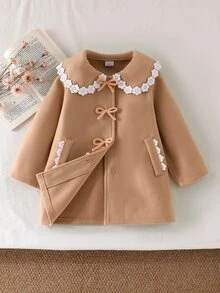 Elladie kids 女童幼兒羊毛針織開襟外套，時尚花卉蕾絲飾邊彼得潘領蝴蝶結裝飾，優雅可愛秋季婚禮賓客禮服套裝 - 卡其色 - 查看 4
