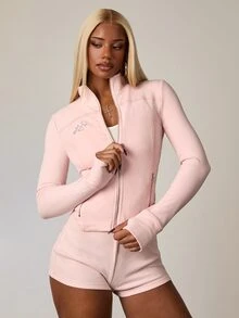 SHEIN BAE Women's Rhinestone Letter Regular Fit Lined Cardigan Knit Jacket, Sporty Casual Slim Fit Pink Jacket - Pink - View 6