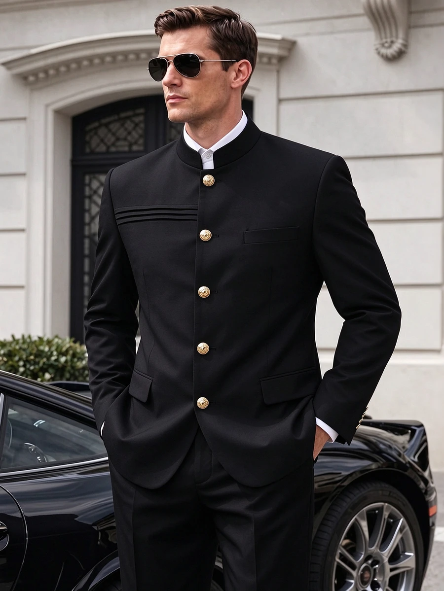 Manfinity Mode Men's Luxury Mandarin Button Design Stand-Collar Blazer, Suitable For Daily Commuting, Business, Gatherings, And Parties. - Black - View 1