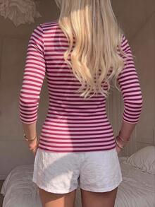 SHEIN EZwear 休閒簡約 95% 棉淺粉色與酒紅條紋短袖 T 恤，適合春夏，春夏穿搭，淺粉色與酒紅條紋讓妳顯白，夏季上衣，適合日常通勤、約會、聚會，秋冬春夏、聖誕節、新年、感恩節、派對、婚禮、海灘、畢業典禮 - 彩色 - 查看 2