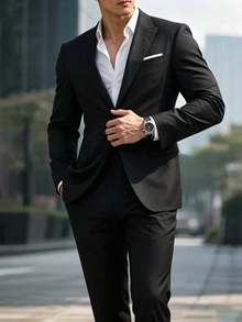 Manfinity Homme Setelan Jas dan Celana Pria Kasual Bisnis Formal Warna Hitam Polos Ukuran Besar, Pilihan Hadiah Liburan yang Sempurna - Hitam - View 6