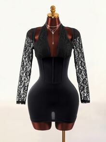 Mistrie Women's Black Sexy Lace Backless Party Long Sleeve Short Dress - Black - View 8
