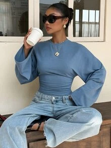 Muchica 女款灰藍色蝙蝠袖修身長袖T恤，優雅街頭風秋冬休閒時尚基本款上衣，適合外出、日常與派對穿著 - 霧霾藍 - 查看 3