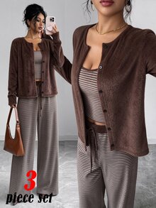 SHEIN Women's Knitted Solid Color Cardigan With Front Button Closure, Striped Slim Fit Camisole With Drawstring Detail, Elegant Casual Commute Daily Outing Pants 3 Pieces Set - Brown - View 3